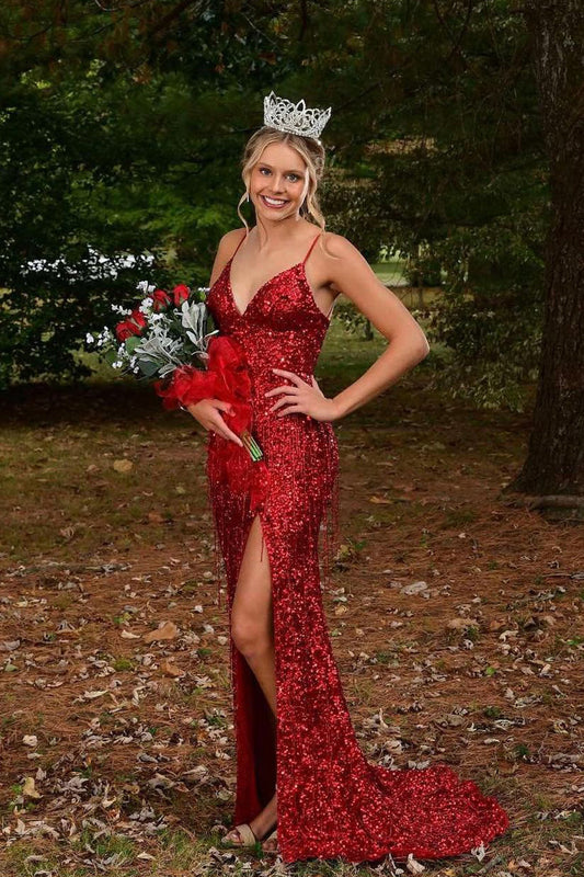 Dazzling Mermaid V-Neck Dark Red Sequin Long Prom Dress with Beading