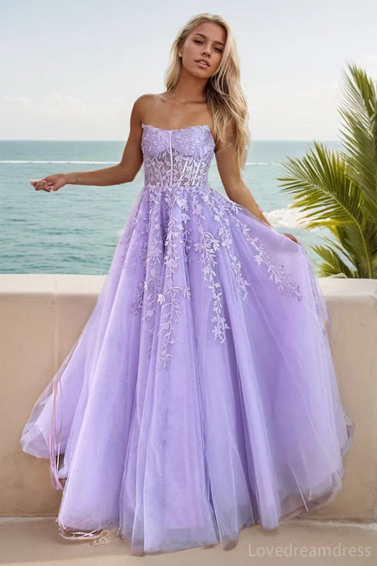 Elegant A-Line Tulle Strapless  Prom Dress with Lace and Tiered Skirt