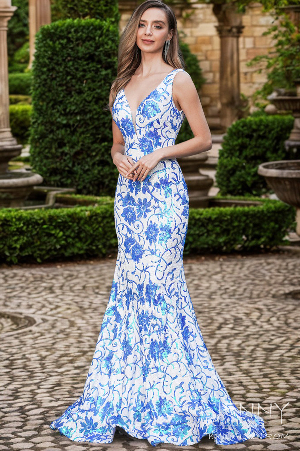 Juliette | Blue and White Mermaid Sequins Deep V Neck Long Prom Dress with Appliques JB24122807