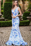 Juliette | Blue and White Mermaid Sequins Deep V Neck Long Prom Dress with Appliques JB24122807