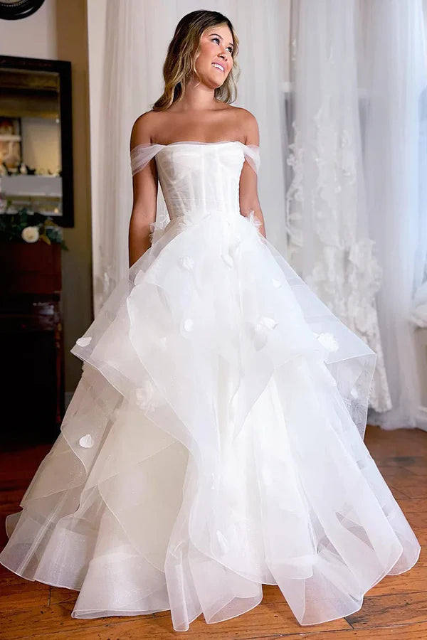 Elysia | Fairy A-Line Off-the-Shoulder Tulle Long Wedding Dress with Appliques