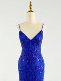 Celeste | Elegant Sapphire Blue Mermaid Stretch Satin Illusion Neck Prom Dress with Appliques JB120302