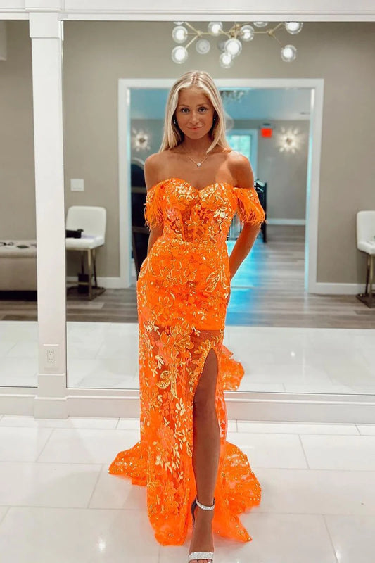 Diana | Glamorous Orange Mermaid Sequins Off-the-Shoulder Neck Prom Dress with Slit JB120311