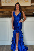 Charming Mermaid V-Neck Royal Blue Tiered Satin Long Prom Dress with Slit