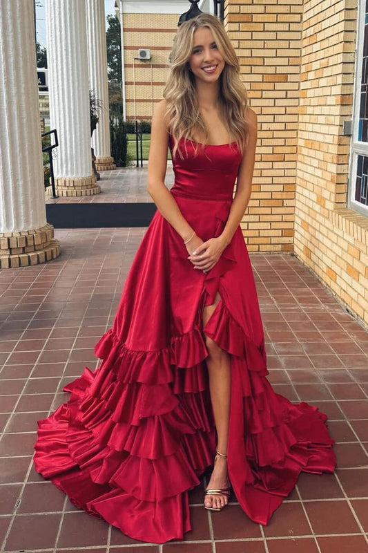 Elegant A-Line Scoop Neck Red Satin Prom Dress with Slit