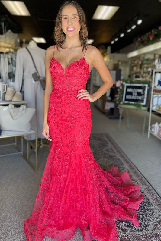 Felicity | Charming Mermaid V-Neck Fuchsia Lace Prom Dress with Beading