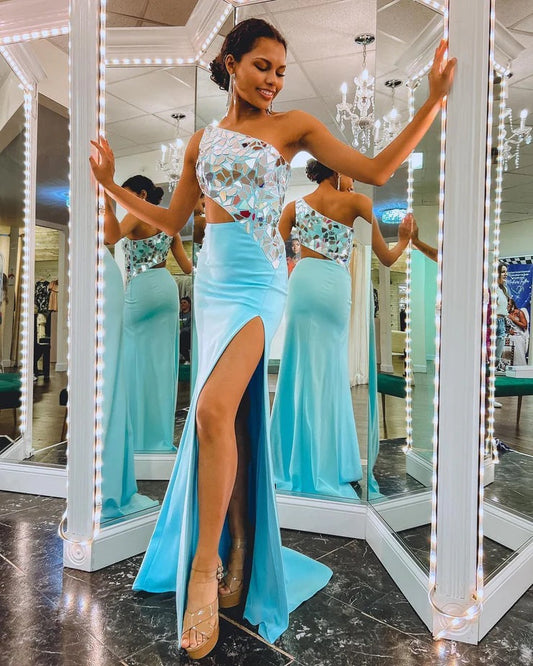 Charming Mermaid One-Shoulder Blue Beaded Prom Dress with Slit