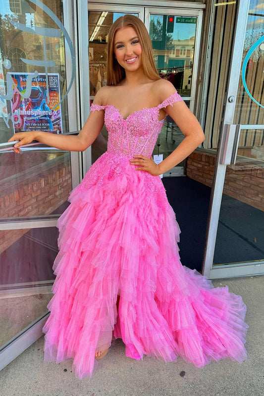 Off-the-Shoulder Pink Tulle Long Prom Dress with Ruffles and Appliques