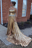 Aurora | Charming A-Line Scoop Neck Gold Satin Long Prom Dress with Beading