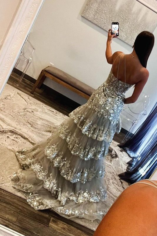 Sparkling One-Shoulder Silver Sequins Mermaid Long Prom Dress with Slit