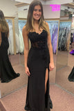 Midnight | Charming Mermaid Sweetheart Neck Black Satin Prom Dress with Appliques