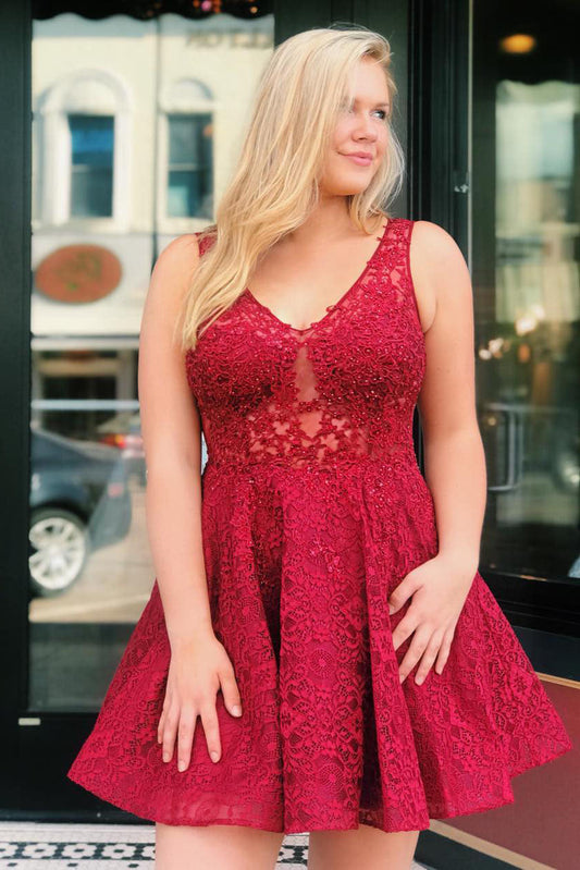 Gertrude | Red Lace A-Line Homecoming Dress with Sheer Back