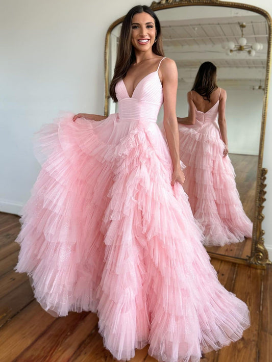 Alianna | Light Pink A-Line Tiered Tulle Prom Dress with Spaghetti Straps