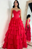 Juliana | Cute A-Line Sweetheart Red Chiffon Tiered Long Prom Dress with Slit