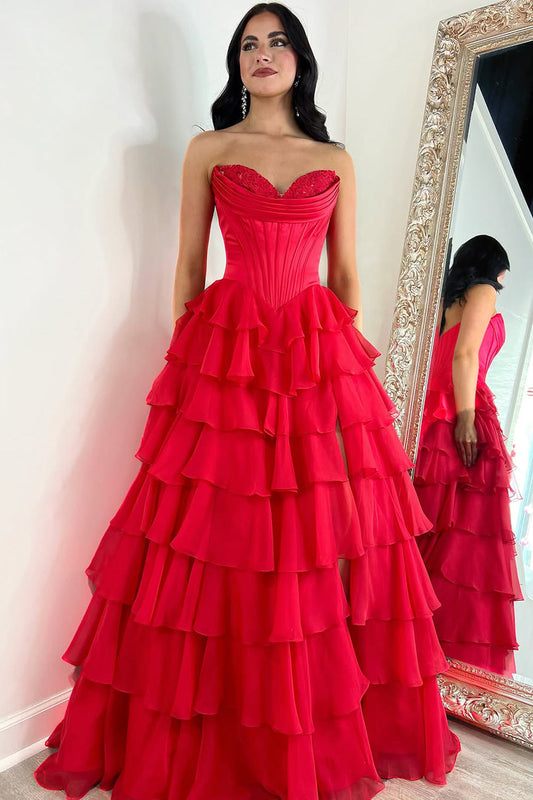 Juliana | Cute A-Line Sweetheart Red Chiffon Tiered Long Prom Dress with Slit