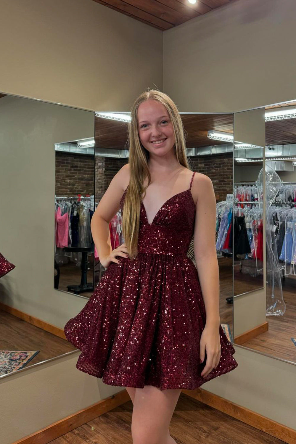 Cute A-Line V-Neck Burgundy Sequin Short Homecoming Dress