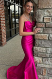 Cute Mermaid Sweetheart Fuchsia Satin Long Prom Dresses with Bow