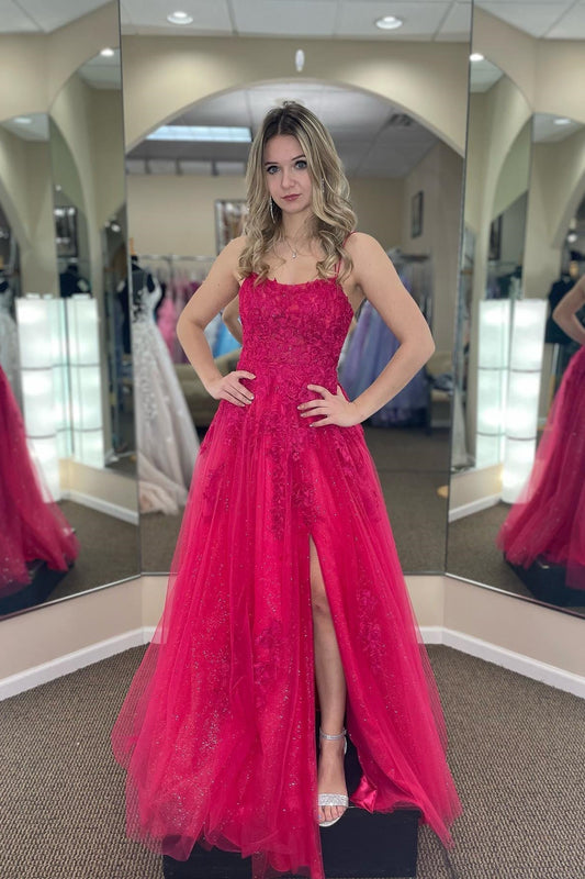 Lindsey | Fuchsia A-Line Tulle Scoop Neck Prom Dress with Appliqué and Slit