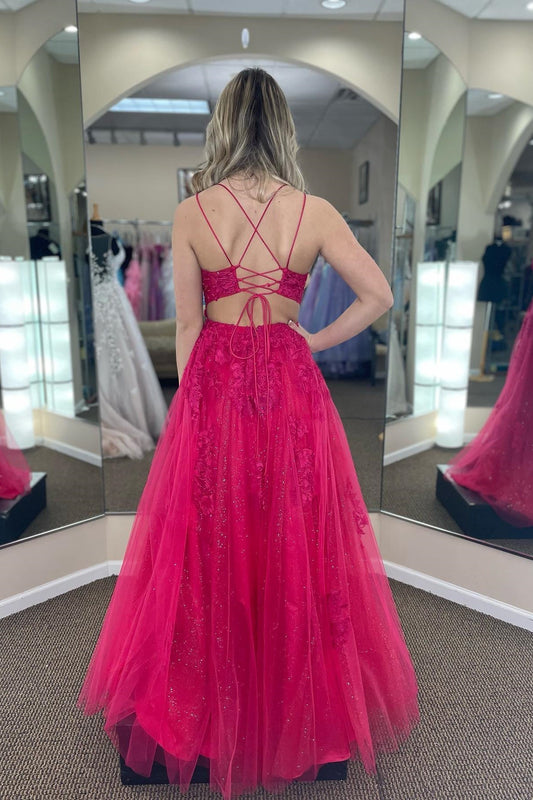 Lindsey | Fuchsia A-Line Tulle Scoop Neck Prom Dress with Appliqué and Slit