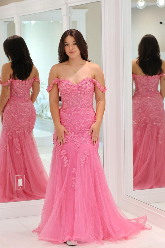 Suzanne | Off-the-Shoulder Pink Tulle Mermaid Prom Dress with Appliques