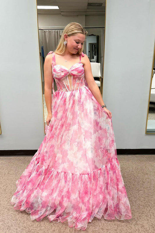 Cute A Line Sweetheart Pink Printed Chiffon Long Prom Dresses