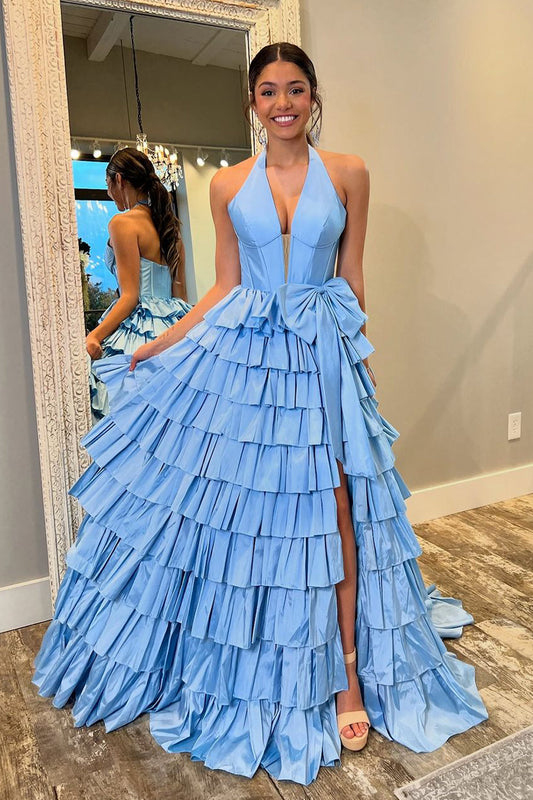 Cute A Line V Neck Blue Tiered Taffeta Long Prom Dress with Bow