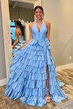 Cute A Line V Neck Blue Tiered Taffeta Long Prom Dress with Bow