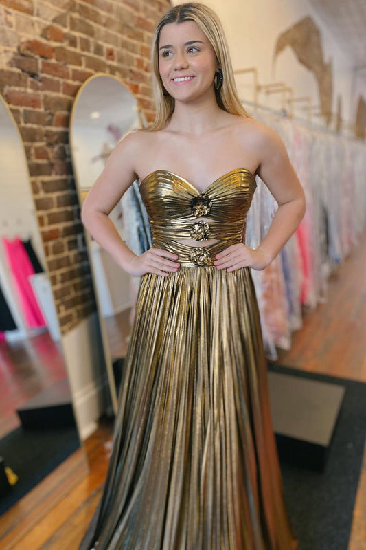 Golden Rose | Cute A-Line Sweetheart Gold Metallic Satin Prom Dress with Flowers