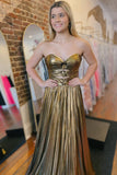 Golden Rose | Cute A-Line Sweetheart Gold Metallic Satin Prom Dress with Flowers