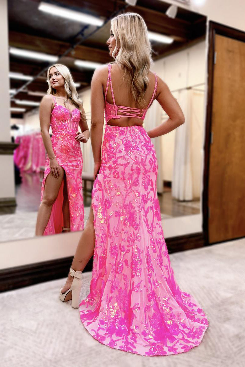 Pink Sweetheart Sequins Lace Mermaid Prom Dress with Slit