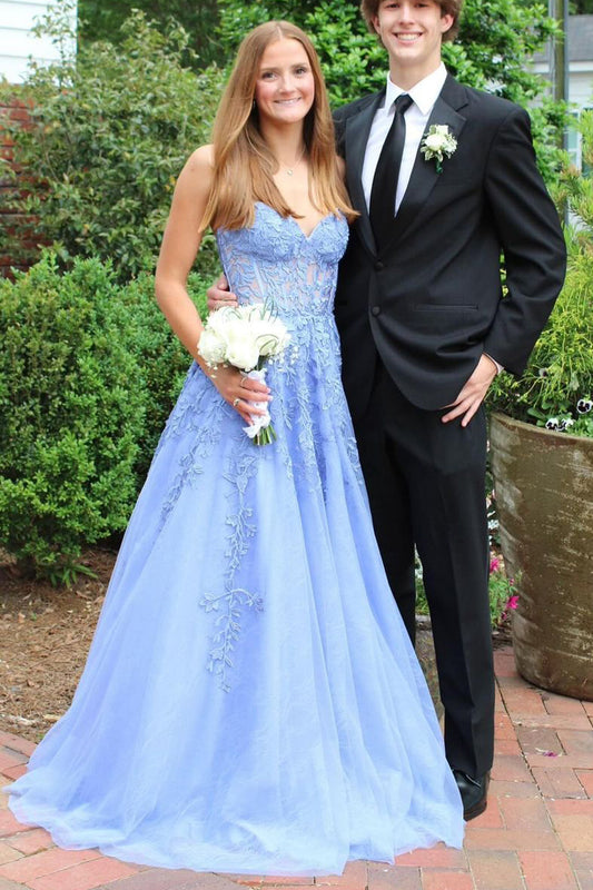 Isabella | Cute A-Line Sweetheart Blue Tulle Long Prom Dress with Appliques