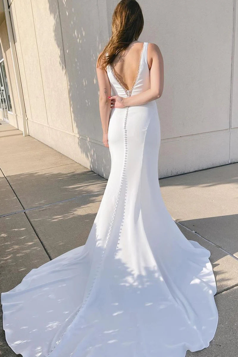 Elegant Mermaid Deep V Neck White Satin Bridal Dresses with Beading