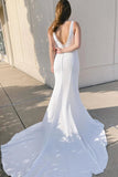 Elegant Mermaid Deep V Neck White Satin Bridal Dresses with Beading