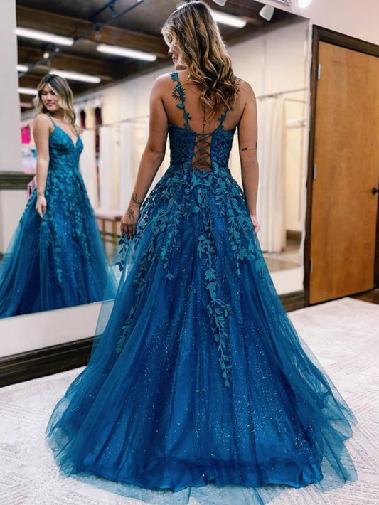 Veronica | A-Line Ink Blue Glitter Tulle Lace Prom Dress