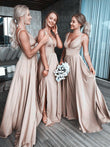 Viviana | Romantic Champagne A-Line Satin Deep V-Neck Prom Dress with Slit JB121108