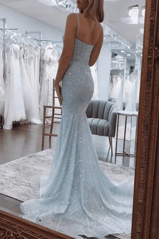 Charming Mermaid Lllusion Light Sky Blue Sequins Long Prom Dresses with Beadings