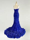 Celeste | Elegant Sapphire Blue Mermaid Stretch Satin Illusion Neck Prom Dress with Appliques JB120302