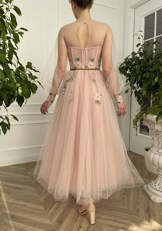 Meilani |A Line Scoop Long Sleeve Tulle Prom Dress with Floral Embroidery