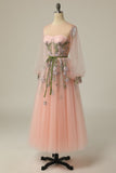 Meilani |A Line Scoop Long Sleeve Tulle Prom Dress with Floral Embroidery