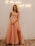 Rylie | A-Line Glitter Tulle Prom Dress with Spaghetti Straps and Slit