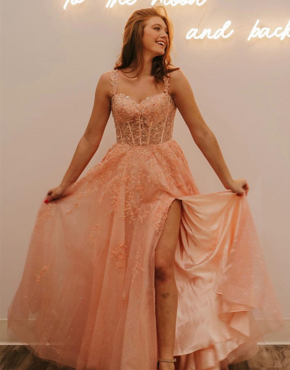 Rylie | A-Line Glitter Tulle Prom Dress with Spaghetti Straps and Slit