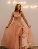 Rylie | A-Line Glitter Tulle Prom Dress with Spaghetti Straps and Slit