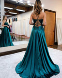 Amara | A-Line Spaghetti Strap Prom Dress with Corset Back and Stylish Split