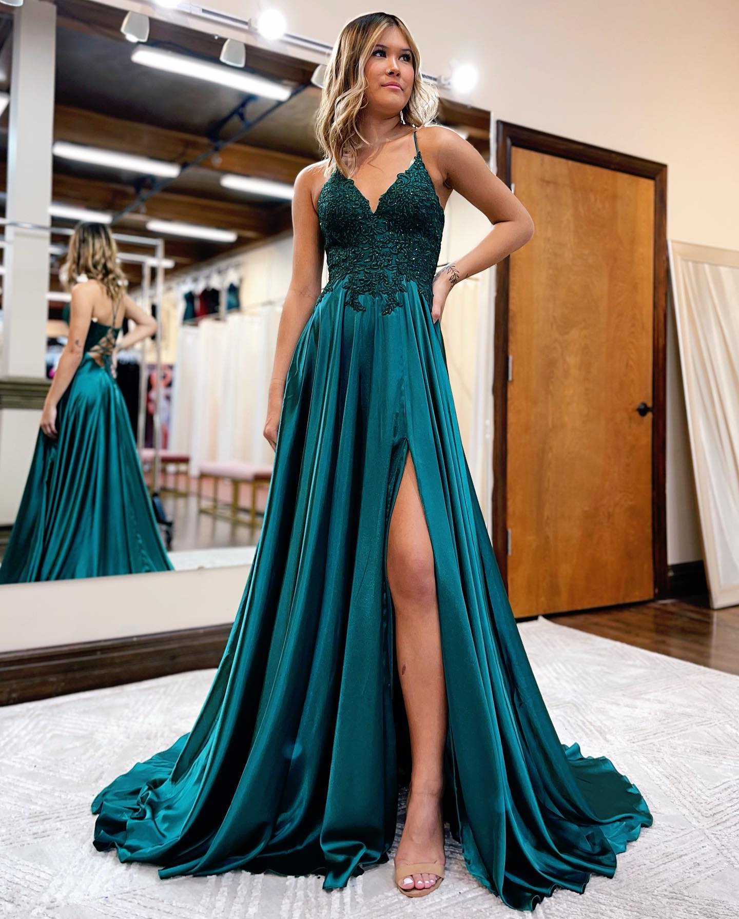 Amara | A-Line Spaghetti Strap Prom Dress with Corset Back and Stylish Split