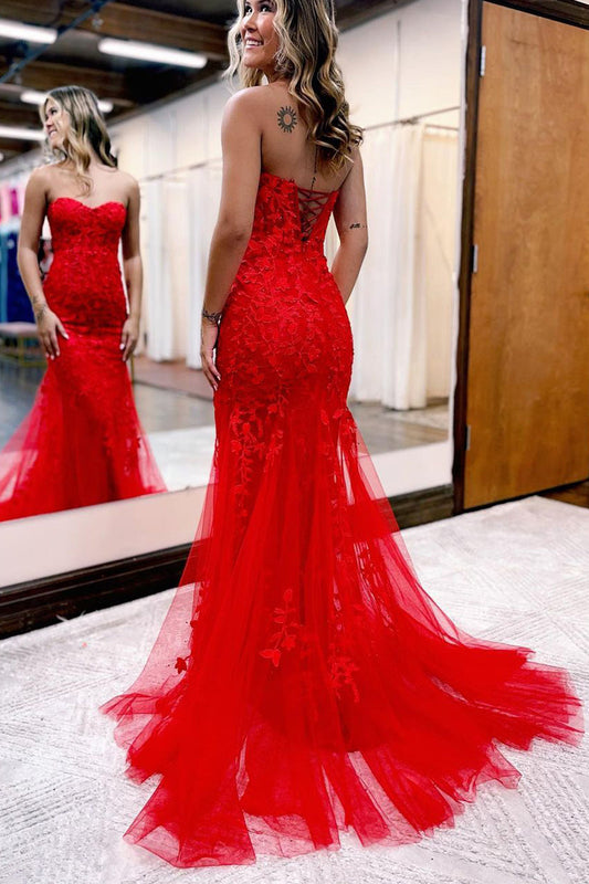 Adriana | Cute Mermaid Sweetheart Red Tulle Prom Dress with Appliques