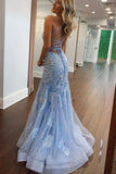 Charming Mermaid Scoop Neck Light Blue Long Prom Dress With Appliques