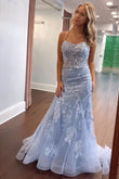 Charming Mermaid Scoop Neck Light Blue Long Prom Dress With Appliques