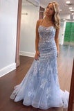 Charming Mermaid Scoop Neck Light Blue Long Prom Dress With Appliques