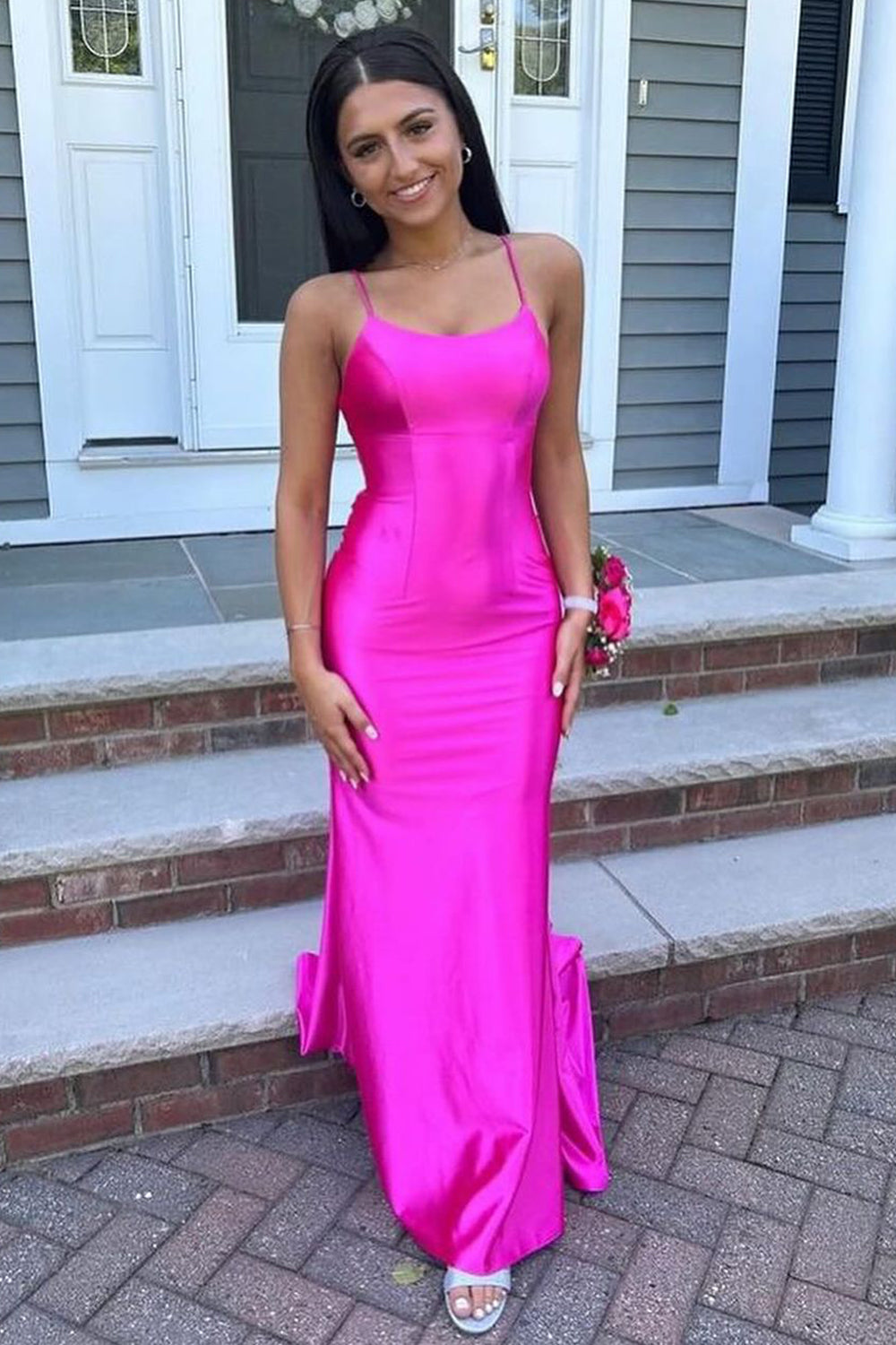 Charming Mermaid Scoop Neck Fuchsia Satin Wedding Dresses AB24090710-1