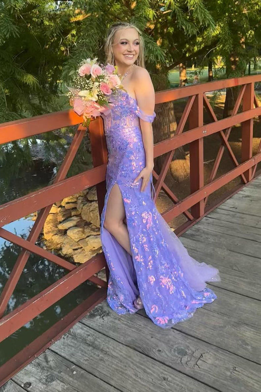Charming Mermaid Sweetheart Lavender Sequins Lace Prom Dresses with Slit AB24091404-1